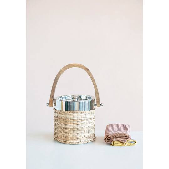 Hello Honey® 9.5" Stainless Steel & Woven Rattan Ice Bucket with Mango Wood Handle